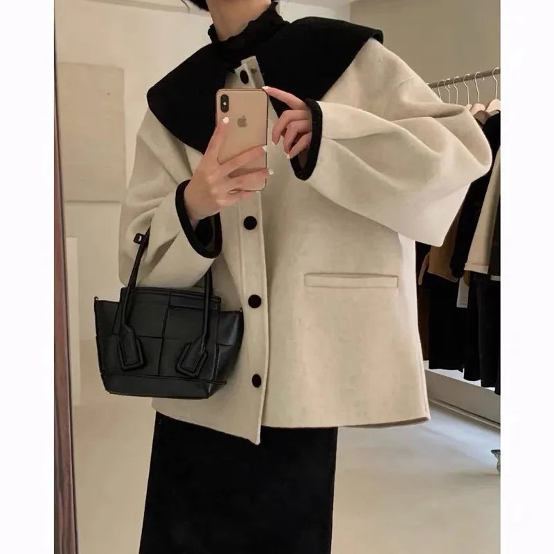 Znbbw Wool Blends Coats Women Korean Cropped Woolen Overcoat Sweet Peter Pan Collar Short Jackets Streetwear Casual Outwear