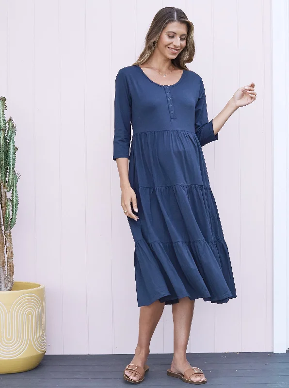 Factory Direct Sale Essential Maternity Tiered Midi Dress in Navy