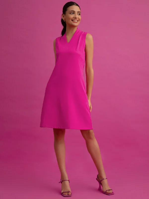 Inventory Reduction V-Neck A-Line Dress - Fuchsia