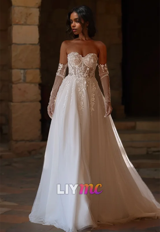 Final Markdown Sweetheart Strapless Appliques Tulle A-Line Wedding Dress