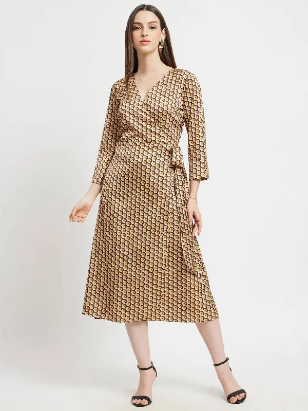 Savings Bonanza Satin Geometric Print Wrap Dress - Brown And Beige