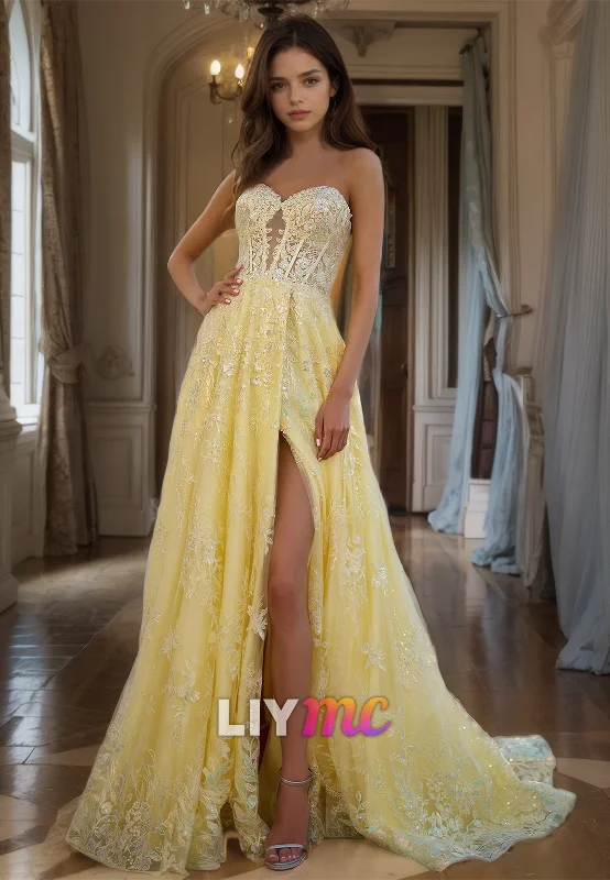 Bonus Savings Sweetheart Sleeveless Appliques Side Slit A-Line Prom Dress
