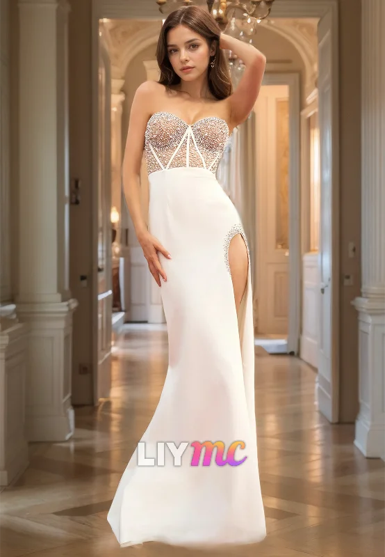 Limited Edition Sweetheart Sleeveless Beaded Sheath Side Slit Prom Dress