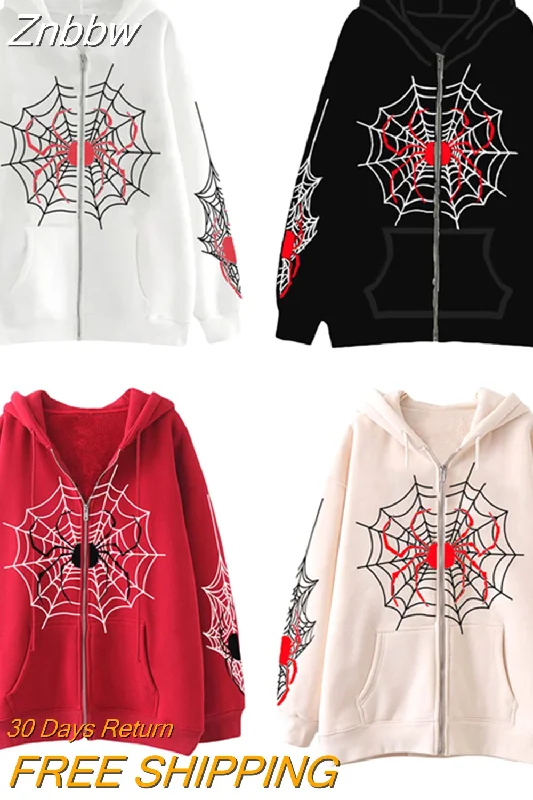 Znbbw Women's Halloween Casual Hooded Coat Long Sleeve Spider Web Print Zip Up Hoodie with Pockets