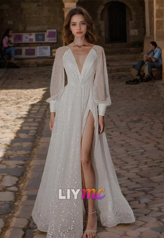 One-DAY Sale V-Neck Long Sleeves Pleated Tulle Sparkly A-Line Wedding Dress