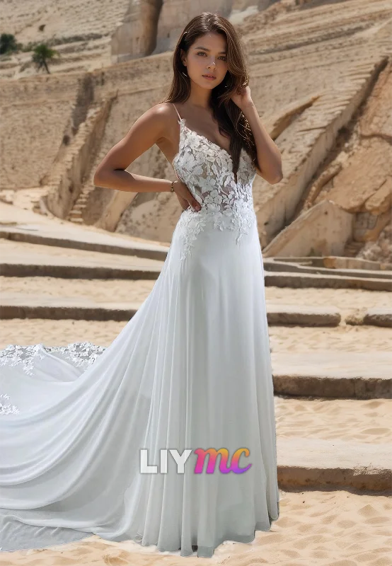 Crazy Savings V-Neck Spaghetti Straps Lace Appliques A-Line Wedding Dress