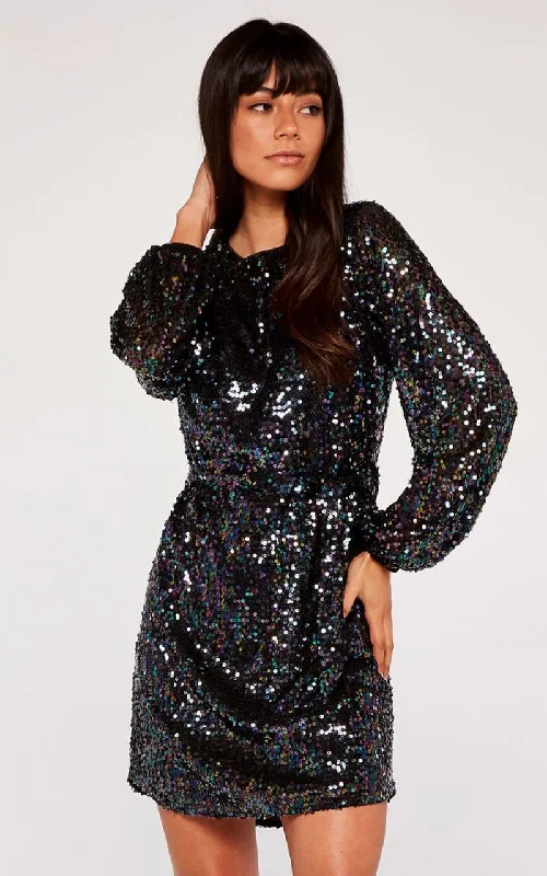 Apricot - Sequin Puff Sleeve Tie Waist Dress