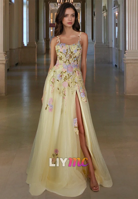 Deal Zone Scoop Spaghetti Straps Floral Appliquees A-Line Prom Dress