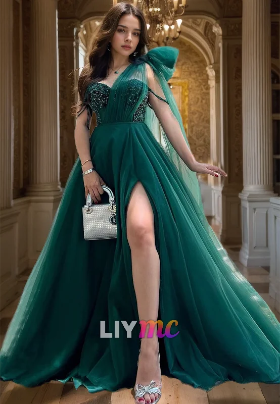 New Deals One Shoulder Sleeveless Tulle Beaded A-Line Prom Dress