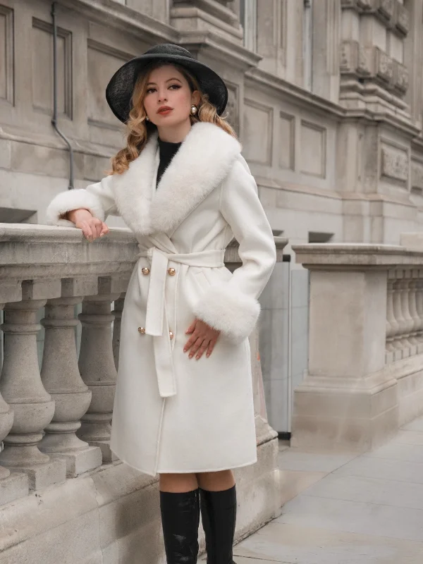 Amazing Deals 'Marlene' Cashmere and Wool Coat with Faux Fur in Bianco