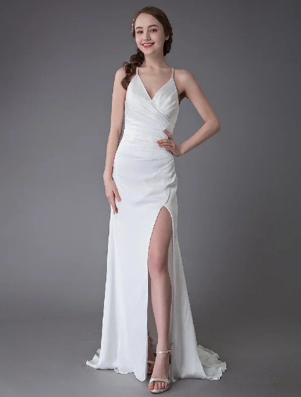 Exclusive Access Modern Beach Wedding Dresses Sexy Bridal Dress High Split Ivory Sheath Straps Summer Wedding Gowns Exclusive Access Modern Beach Wedding Dresses Sexy Bridal Dress High Split Ivory Sheath Straps Summer Wedding Gowns