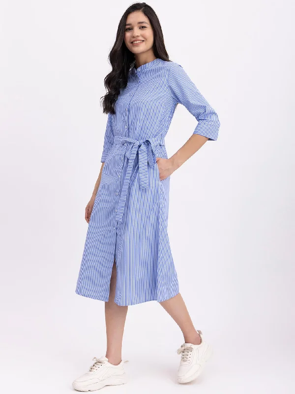Price Cut Cotton Striped Shirt Dress - Blue And White