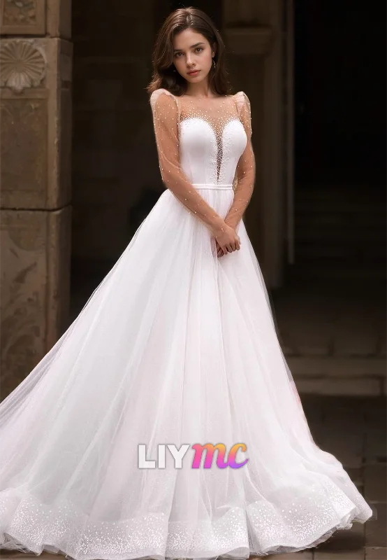 Anniversary Sale V-Neck Long Sleeves Beaded Tulle A-Line Wedding Dress