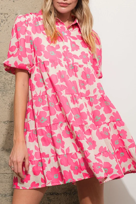 Reduced Prices Pink Floral Tiered Puff Sleeve Mini Shirt Dress