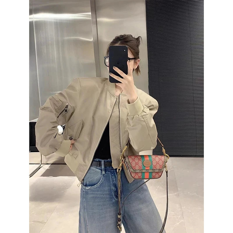 Znbbw Cropped Bomber Jackets Women Y2K Oversized Patchwork Short Coat Harajuku Vintage Korean Pockets Zipper Outerwear Tops