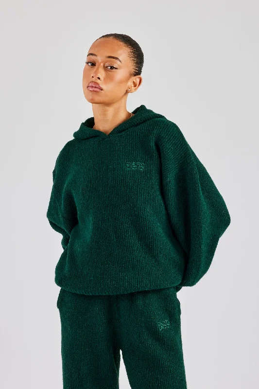Closeout Sale Knit Boxy Embroidered Hoodie - Forest Green