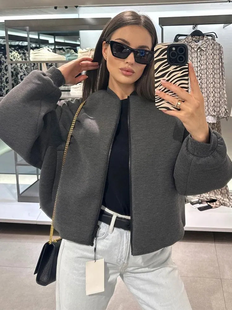 Znbbw Elegant Solid Pilot Jacket Women's Casual Long Sleeved Zippered Cropped Overcoat 2023 Female Chic Party Club Street Wear