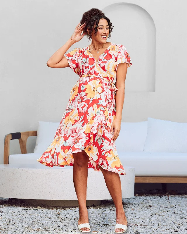Limited Time Offer Molly Maternity Wrap Midi Dress In Red Flora