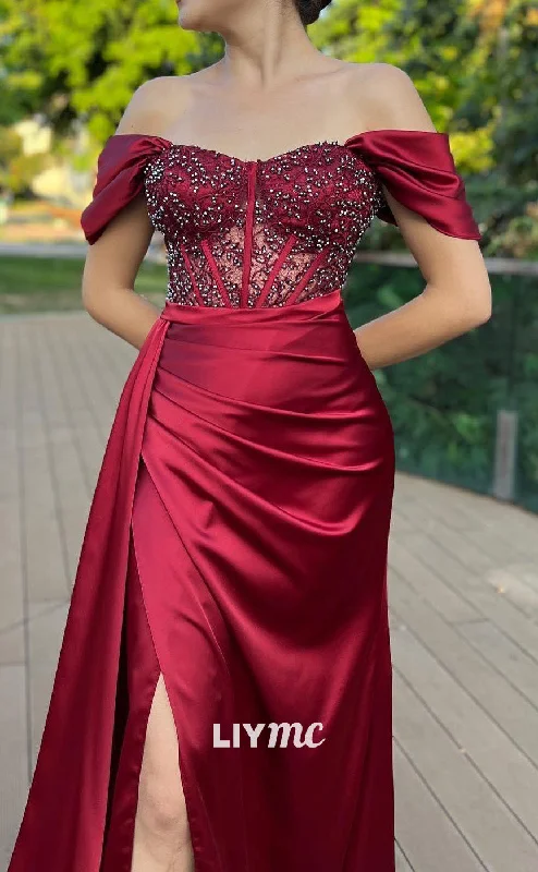 Limited Time Offer LP2175 - Off-Shoulder Strapless Appliques Pleated Satin High Slit Prom Dress Limited Time Offer LP2175 - Off-Shoulder Strapless Appliques Pleated Satin High Slit Prom Dress