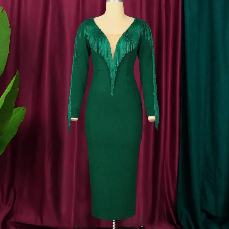 YEAR-End Sale Green Tassel Party Dress