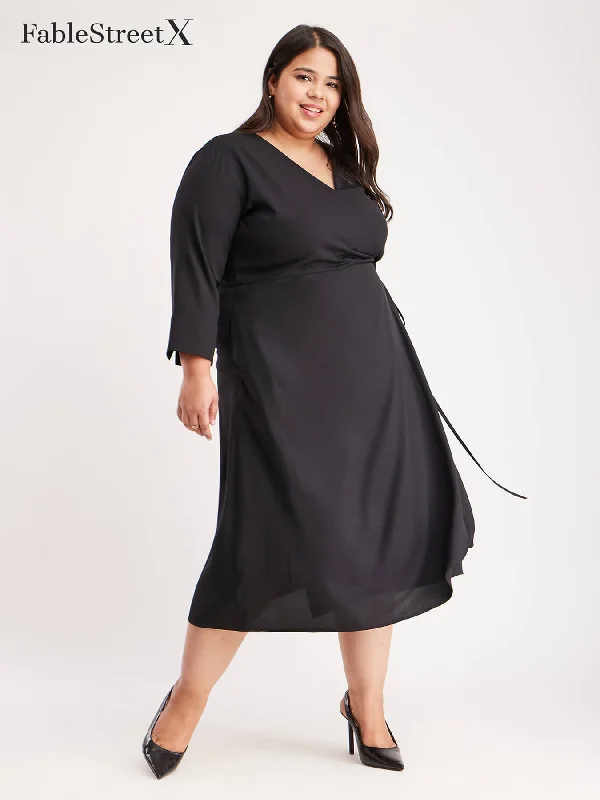 Overstock Solid Wrap Dress - Black