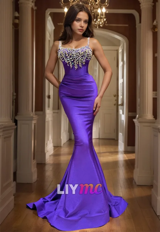 Bargain Blast LP1052 - Spaghetti Straps Satin Beads Mermaid Formal Prom Dress