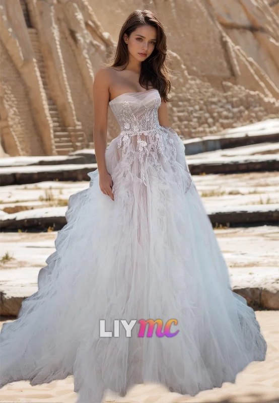Online Only Sweetheart Strapless Tulle Pleated Appliques Ball Gown Wedding Dress