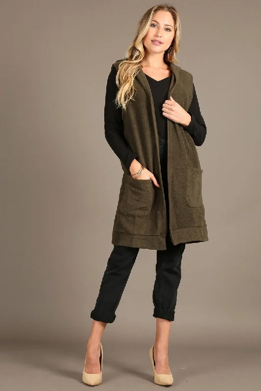 Low Prices 1222.fleece long body vest, over sized, open front, hood, side pockets
