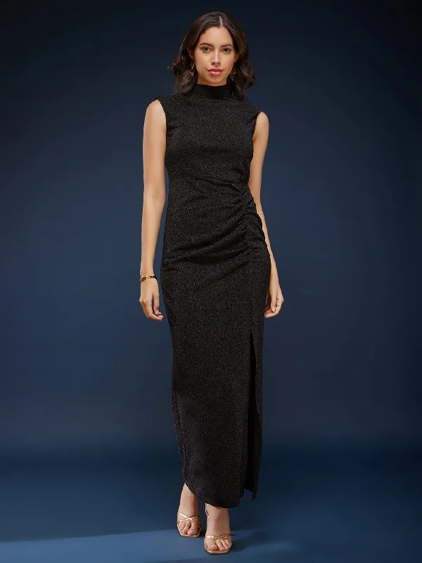 Lowest Price High Neck Slit Maxi Dress - Black