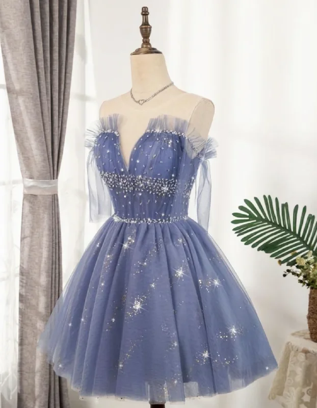 Super Deal Flowy Cute A Line Blue Homecoming Dresses, Short Beading