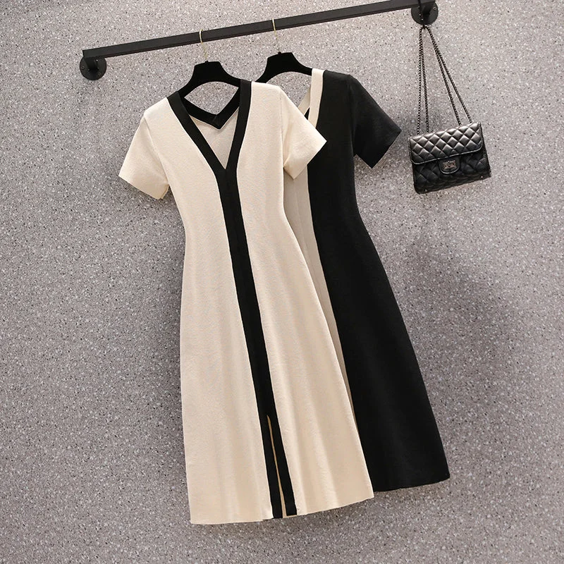 Crazy Savings Plus Size Monochrome Knit V Neck Dress
