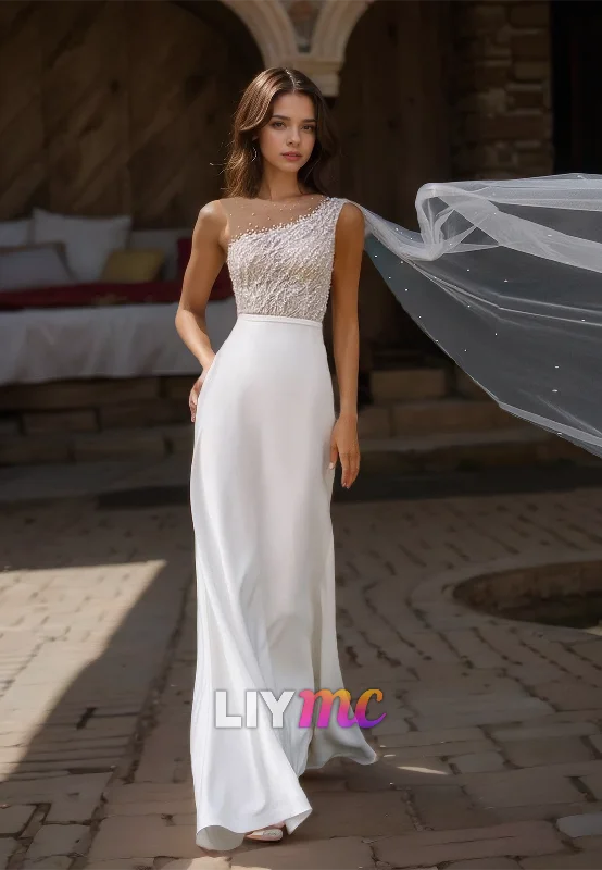 Seasonal Sale One Shoulder Sleeveless Appliques Sleek Mermaid Breach Wedding Dress