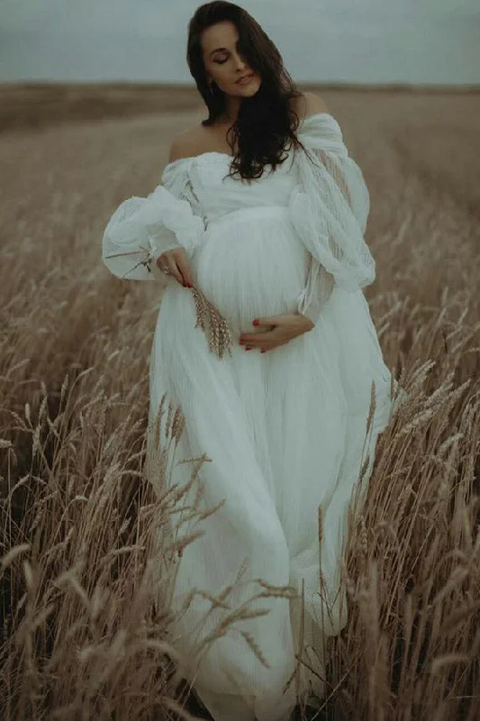 Deal Mania Custom Ivory Off-the-shoulder Pleated Maternity Photoshoot Dress