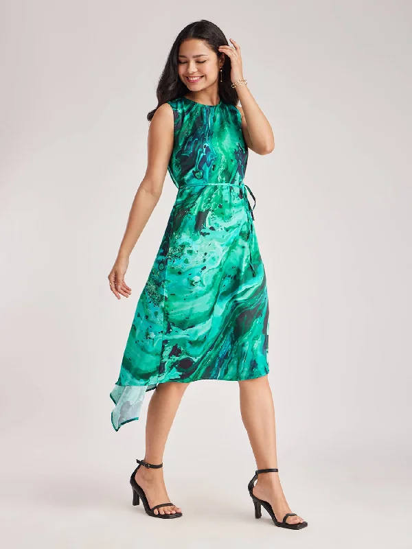 Deal Alert Satin Asymmetrical Sleeveless Dress - Teal