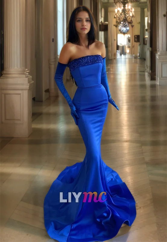 Anniversary Sale Straight Across Sleeveless Beaded Sleek Mermaid Formal Dress