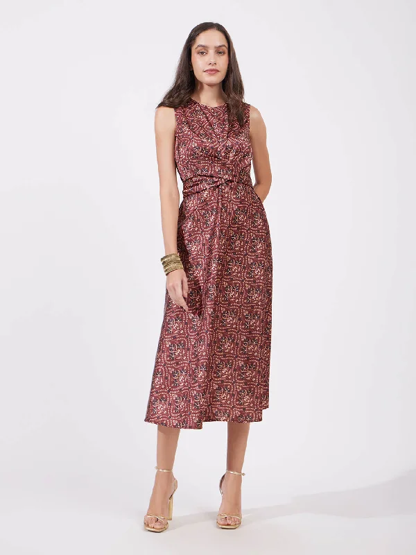 Amazing Deals Satin Festive Print Dress - Maroon