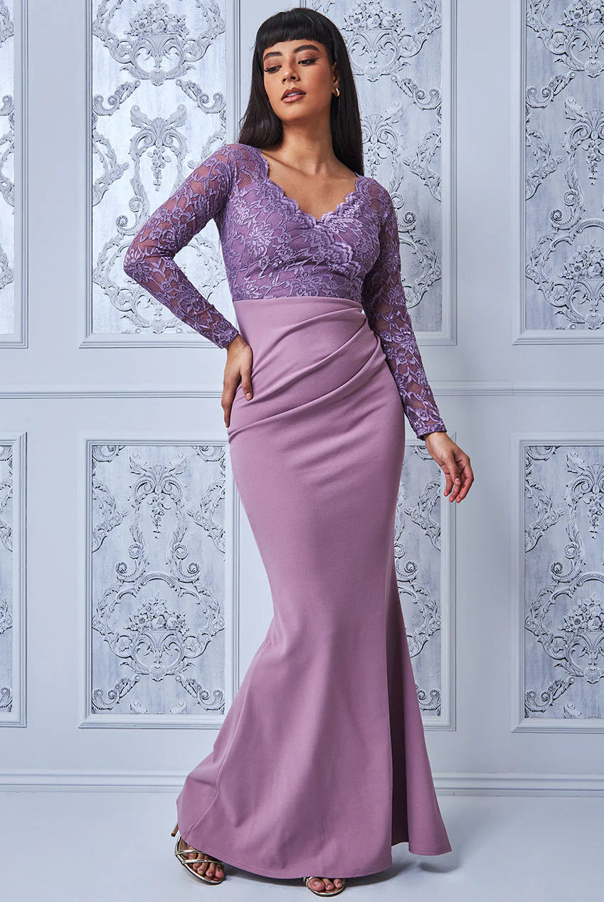 Hot Deal Scalloped Lace and Scuba Lace Top Lavender Gown