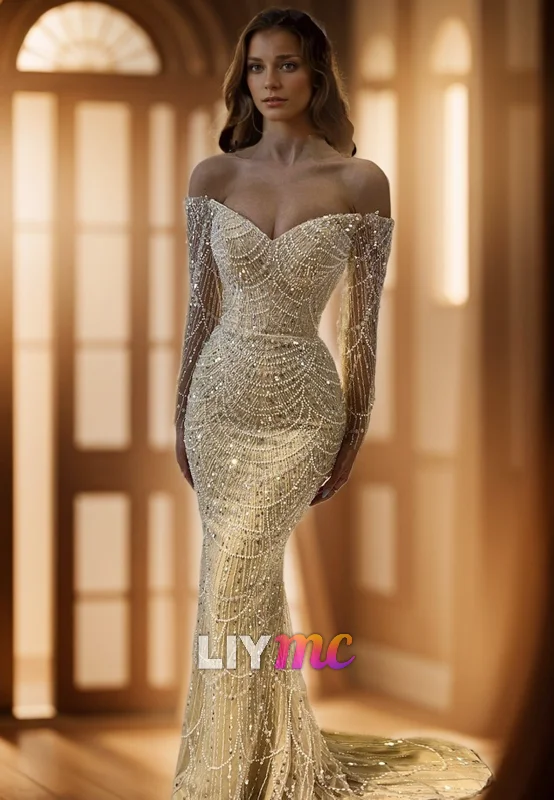 Best Deals LP2300 - Off-Shoulder Beaded Fringe Appliques Beaded Mermaid Sparkly Prom Dress Best Deals LP2300 - Off-Shoulder Beaded Fringe Appliques Beaded Mermaid Sparkly Prom Dress