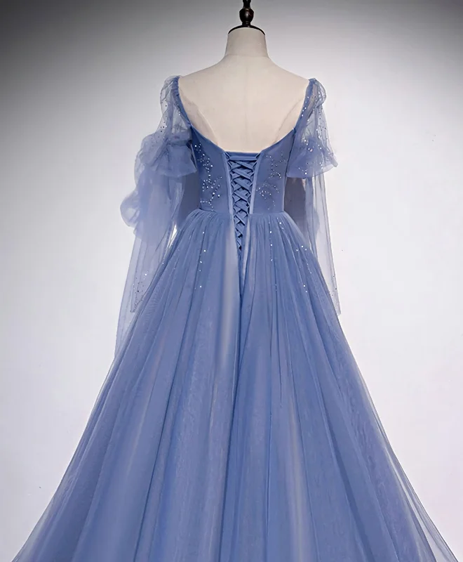 One-DAY Sale Blue Tulle Sweetheart Long Prom Dress, Blue Tulle Formal Dress