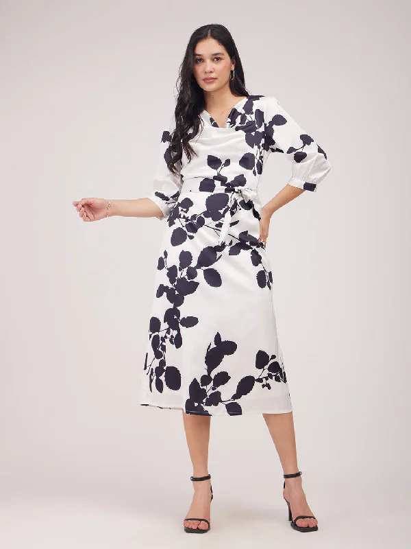 Satin Floral Print A-Line Dress - Black And White