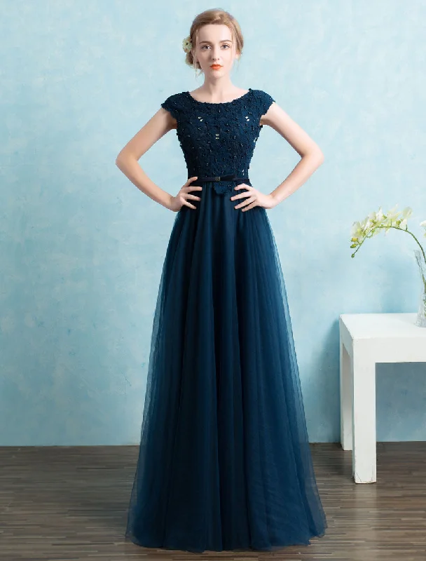 Crazy Deals Stunning Blue evening dress  Long Tulle Beading Evening Dresses Dark Navy Backless Floor Length Party Dresses wedding guest dress