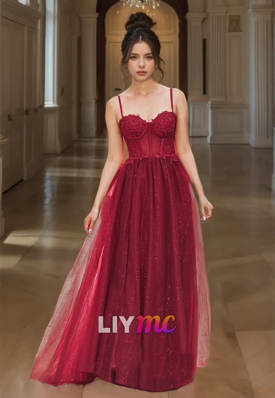 Early Access Sweetheart Spaghetti Straps Appliques Tulle A-Line Prom Dress