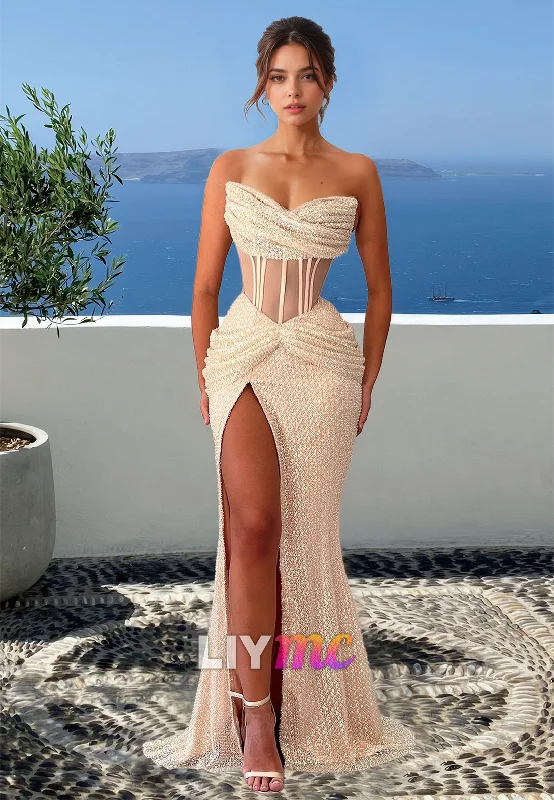Holiday Sale LP2077 - Sweetheart Sleeveless Tulle Pleated High Slit Mermaid Prom Dress Holiday Sale LP2077 - Sweetheart Sleeveless Tulle Pleated High Slit Mermaid Prom Dress