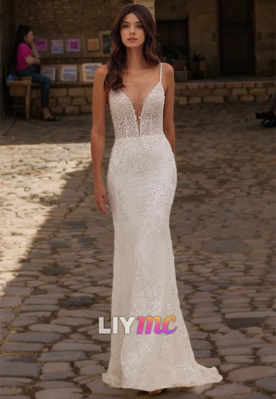 Savings Galore V-Neck Spaghetti Straps Appliques Sparkly Mermaid Beach Wedding Dress Savings Galore V-Neck Spaghetti Straps Appliques Sparkly Mermaid Beach Wedding Dress