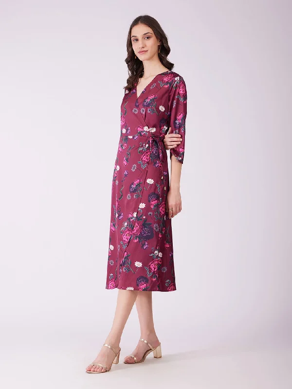 Buy Now Stretch Satin Floral Wrap Dress - Plum