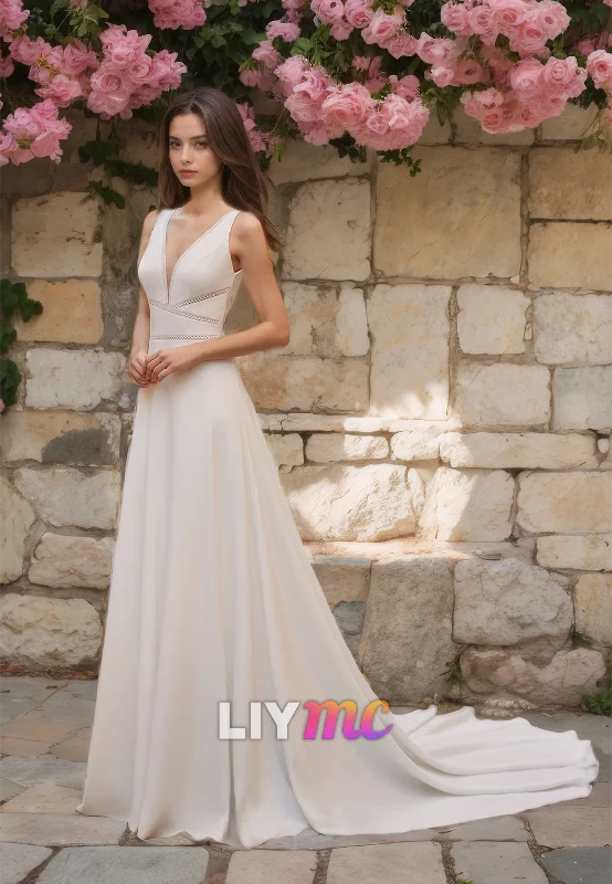 Epic Deals V-Neck Sleeveless Pleated Sleek A-Line Beach Wedding Dress