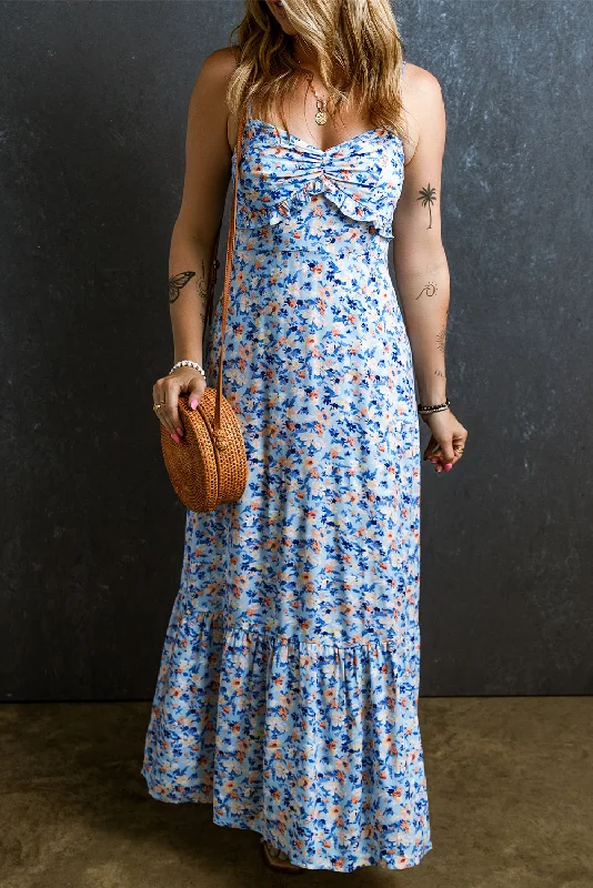 Today Only Sky Blue Floral Print Ruffled Ruched Maxi Dress