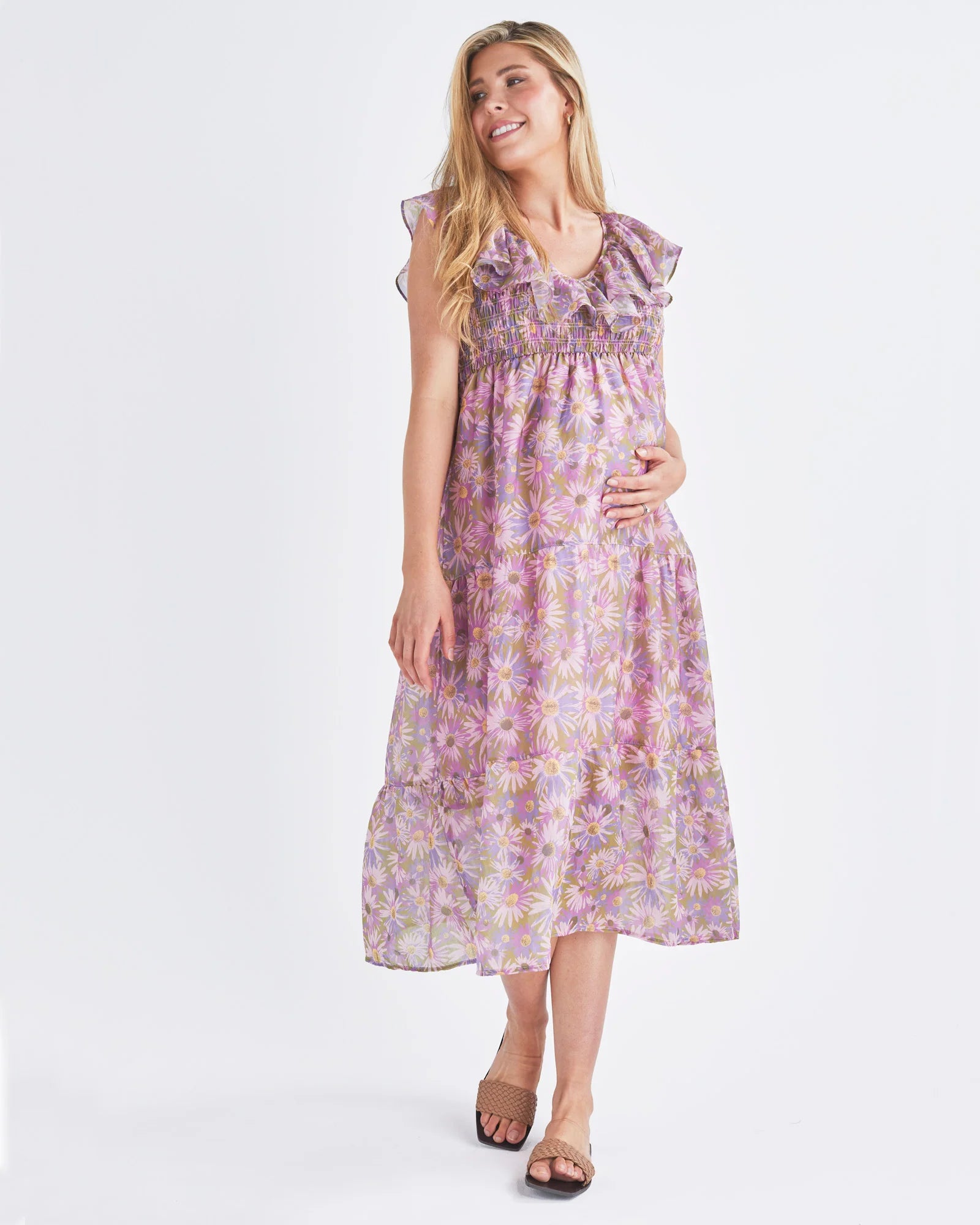 Deep Discounts Daphne Reversible Maternity Baby Shower Dress in Lilac Floral