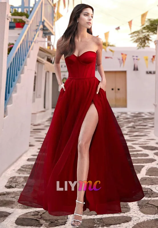 New Markdowns Sweetheart Strapless High Slit Pleated A-Line Prom Dress