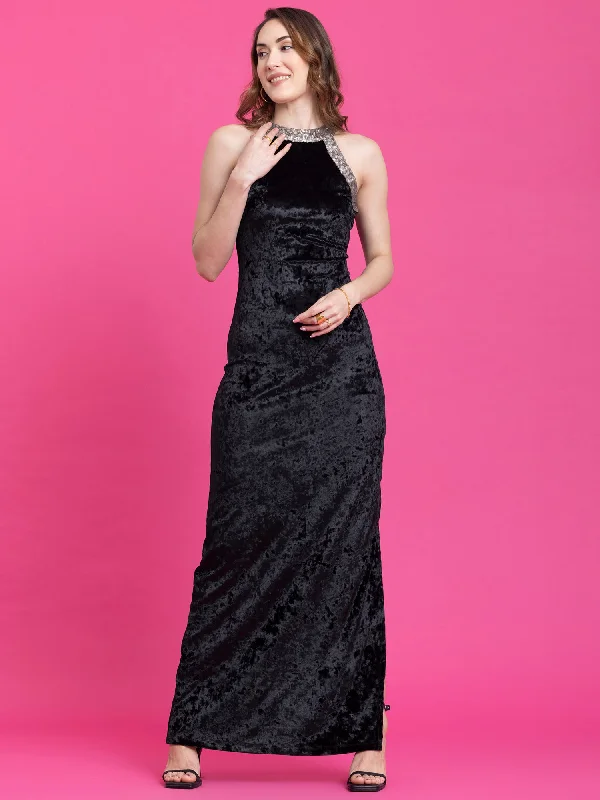 Online Exclusive Velvet Maxi A-Line Dress - Black
